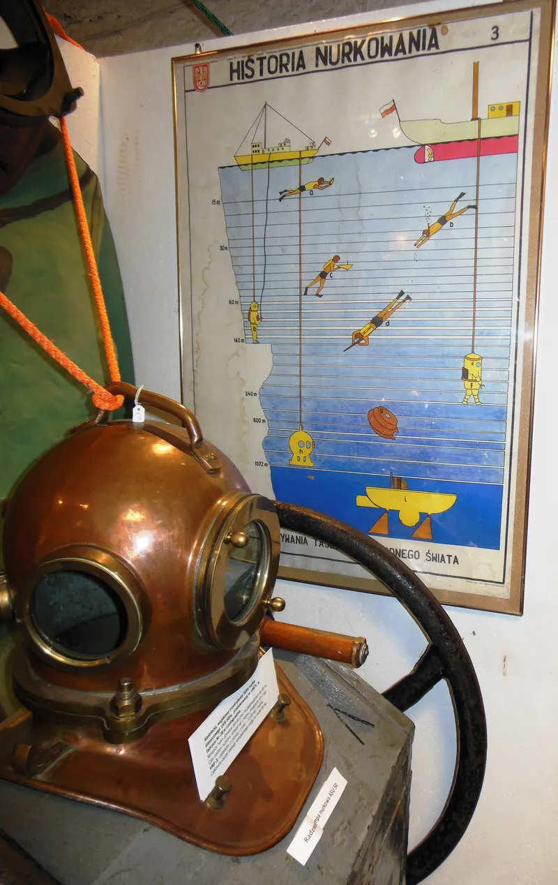 Miedziany helm nurkowy z plakatem edukacyjnym Historia Nurkowania w Muzeum Nurkowania