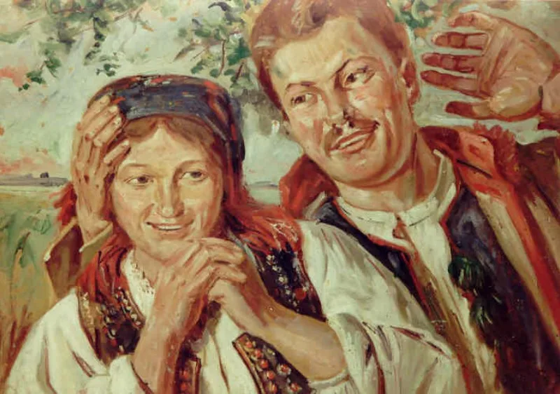 Mlodzieniec z dziewczyna - obraz Wincentego Wodzinowskiego z kolekcji malarskiej Muzeum Historii Polskiego Ruchu Ludowego